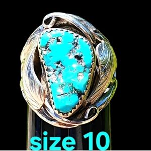 Artisan Turquoise Sterling Silver Native American Leaf Ring Size 10 Jewelry